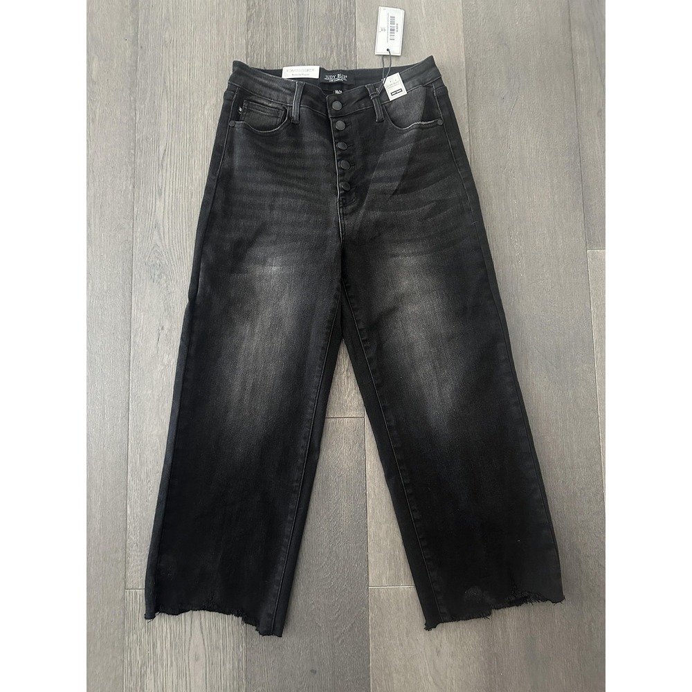 Judy Blue Jeans Womens 9 29 Black‎ High Waist Wide Crop Distressed Raw Hem